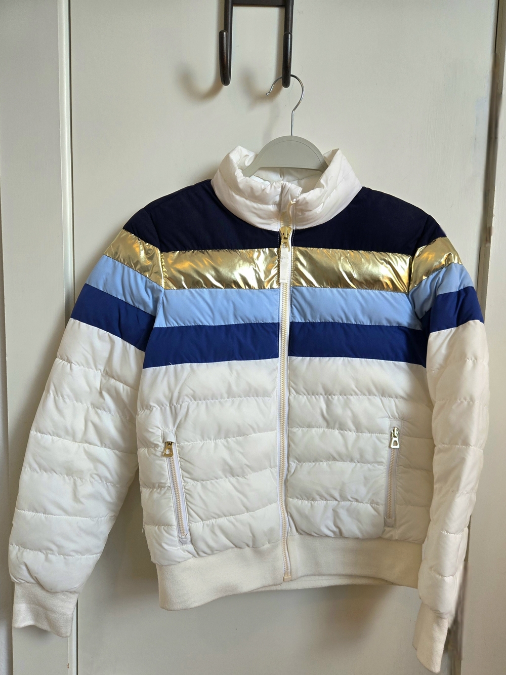 White Puffer Jacket with Blue & Gold Stripe